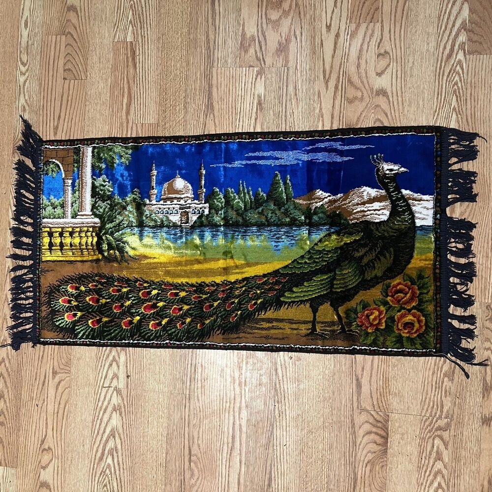 Vintage 1960’s Peacock Tapestry P&C Italy Taj Mahal Rug Art Decor Fringe